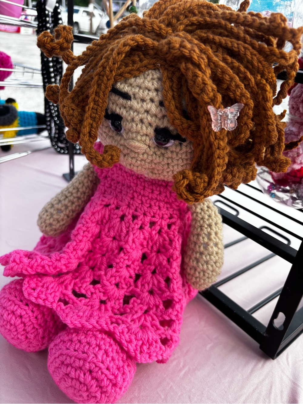 Handmade Crochet Doll in Bright Pink Dress